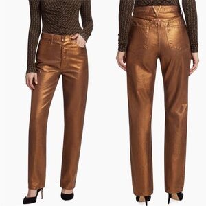 Veronica Beard Metallic Copper Gold Daniela Straight Leg High Rise Denim